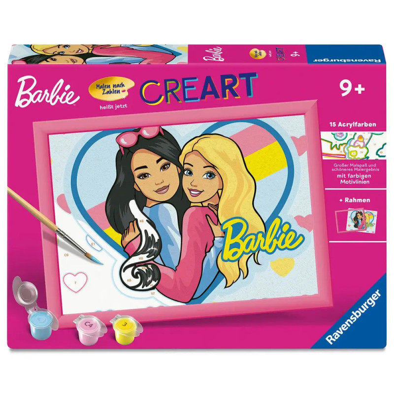 Barbie CreArt Malset mit zwei Mädchen, einer Katze, Pinsel und Farbtöpfen auf der Verpackung.