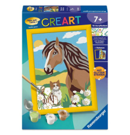 Malen-nach-Zahlen-Set mit Pferd und Katze auf der Verpackung, empfohlen ab 7 Jahren.