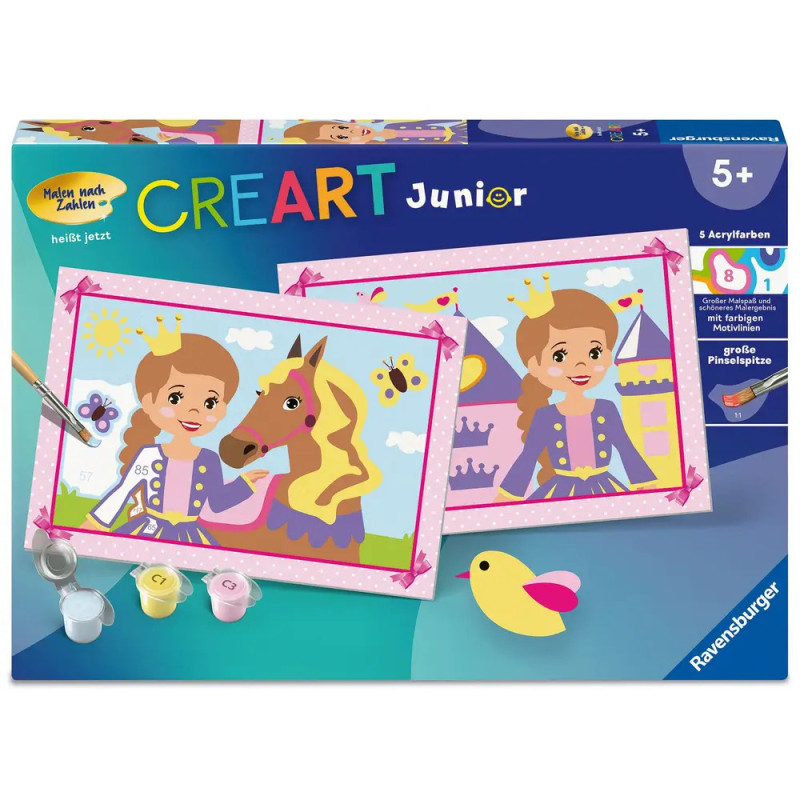 CreArt Junior-Malkasten mit Prinzessin, Pferd, Farbtöpfen und Pinsel auf der Verpackung.