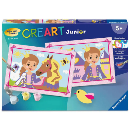 CreArt Junior-Malkasten mit Prinzessin, Pferd, Farbtöpfen und Pinsel auf der Verpackung.