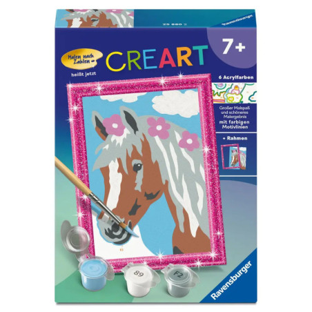 Malkasten mit Pferdemotiv, Blumenmähne, Pinsel und Farben geeignet ab 7 Jahren.