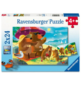 Puzzlebox mit Cartoon-Bären am Strand, Krebs und Möwe, geeignet für Kinder ab 4 Jahren.