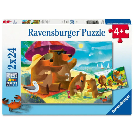 Puzzlebox mit Cartoon-Bären am Strand, Krebs und Möwe, geeignet für Kinder ab 4 Jahren.