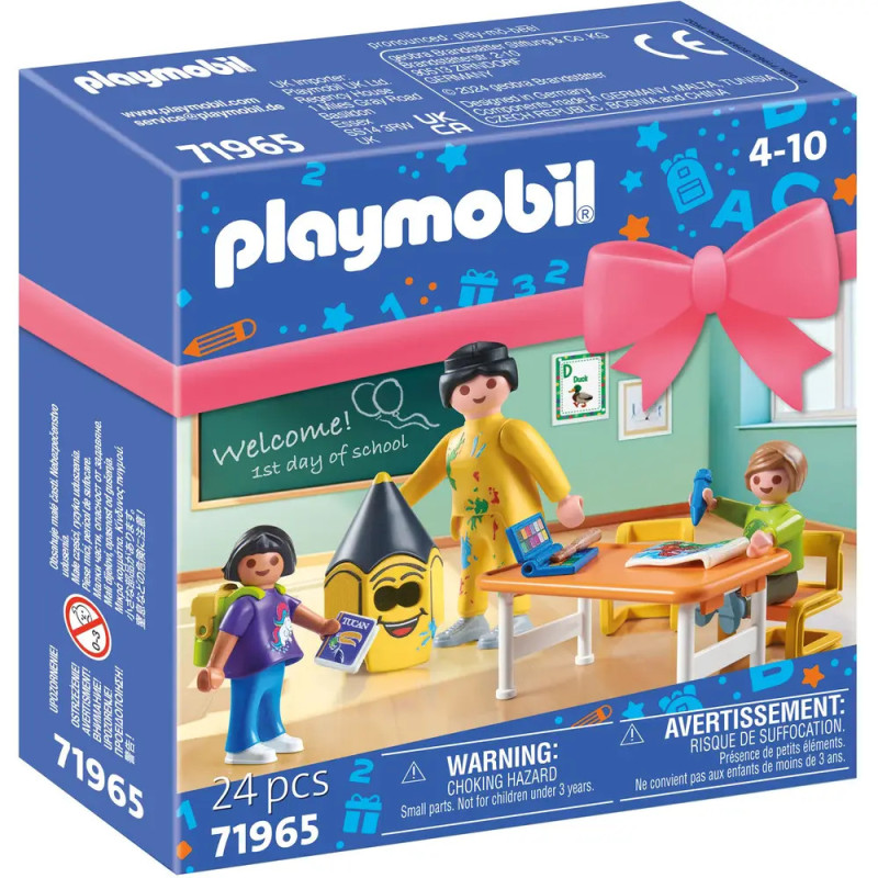 Playmobil Schulset-Box mit Lehrerin, Kindern, Klassenzubehör und Tafel Willkommen! 1. Schultag.