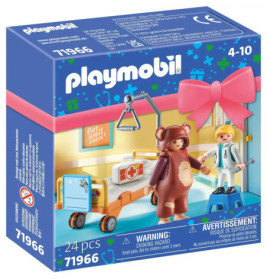 Playmobil-Set: Krankenhauszimmer mit Arzt, Patient im Bärenkostüm und medizinischem Zubehör.