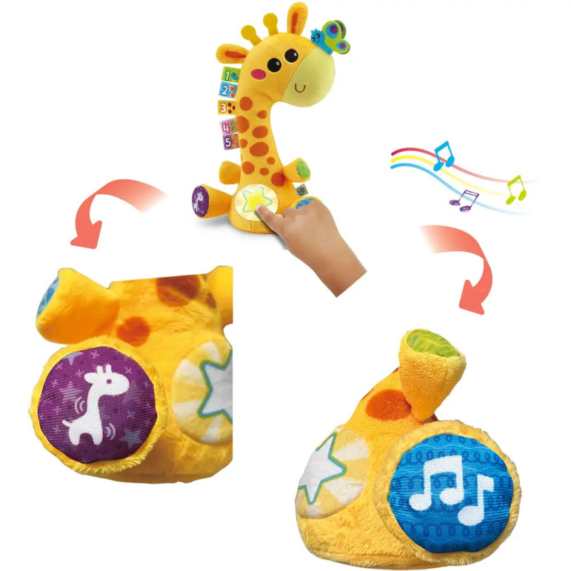 Plüsch-Giraffenspielzeug mit Musik- und Tierknöpfen, die beim Drücken durch Kinderhände Töne abspielen. Plüsch-Giraffenspielzeug mit Musik- und Tierknöpfen, die beim Drücken durch Kinderhände Töne abspielen.