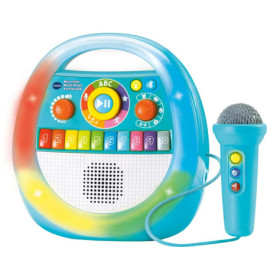 Bunte Kinder-Karaokemaschine mit Tasten, Reglern und blauem Mikrofon am Kabel.