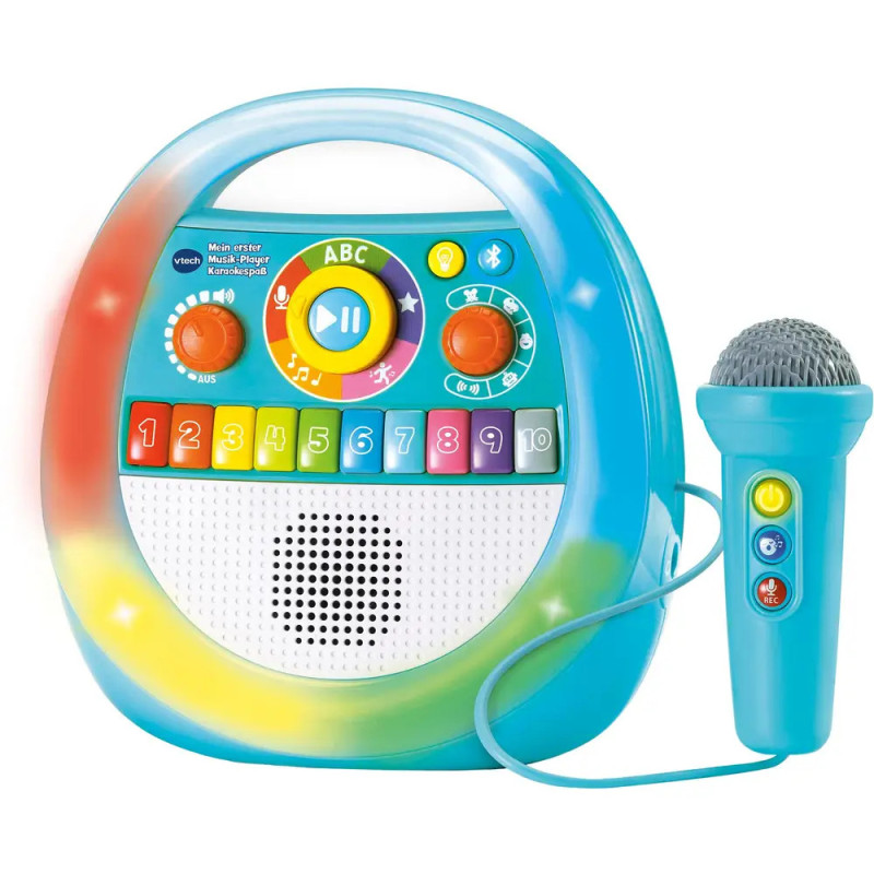 Bunte Kinder-Karaokemaschine mit Tasten, Reglern und blauem Mikrofon am Kabel.