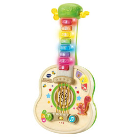 Bunte Spielzeuggitarre mit nummerierten Leuchtknöpfen, Sternen und Tiermotiven auf dem hölzernen Korpus.