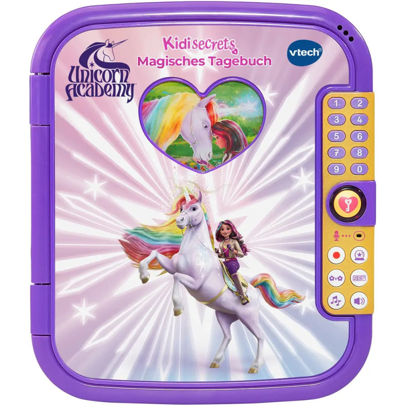 Lila elektronisches Tagebuch mit Einhorn, Reiterin, Tastenfeld sowie Unicorn Academy- und VTech-Logos.