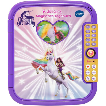 Lila elektronisches Tagebuch mit Einhorn, Reiterin, Tastenfeld sowie Unicorn Academy- und VTech-Logos.