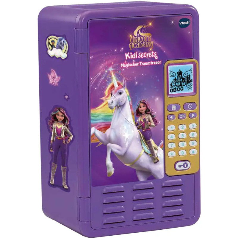 Lila elektronischer Safe mit Einhorn- und Mädchenmotiv, Display und Tastenfeld Kid Secrets, VTech. Lila elektronischer Safe mit Einhorn- und Mädchenmotiv, Display und Tastenfeld Kid Secrets, VTech.