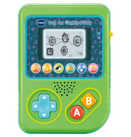 Grünes VTech-Handspielgerät mit Bildschirm und bunten Tasten für A, B sowie Richtungspfeilen.
