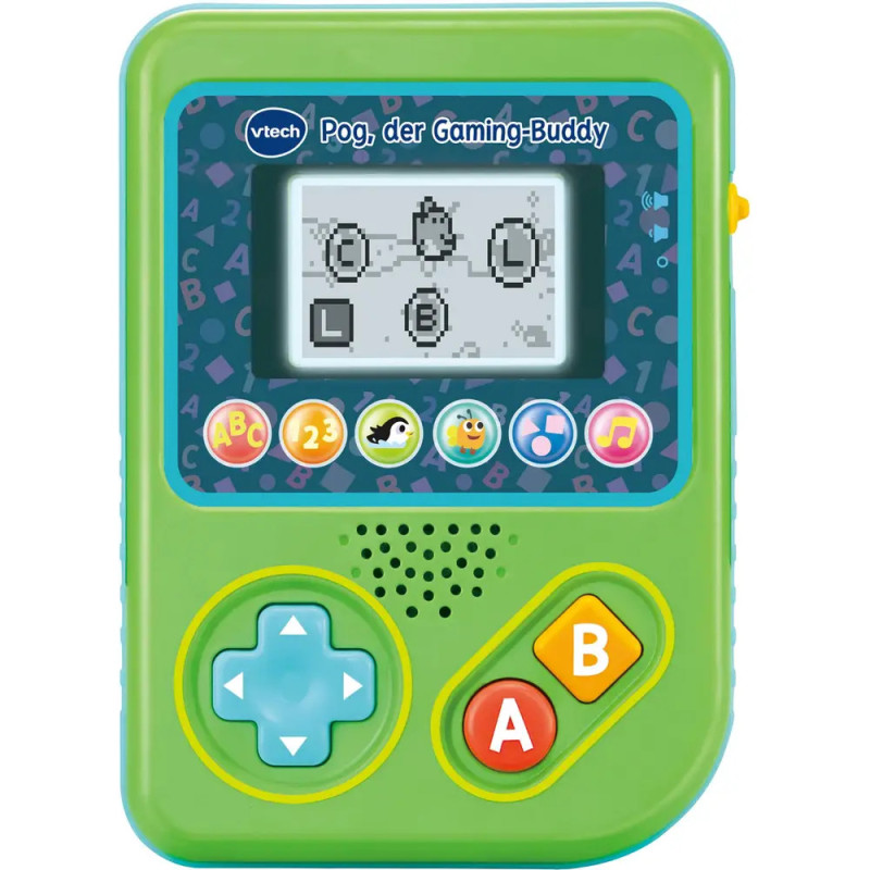 Grünes VTech-Handspielgerät mit Bildschirm und bunten Tasten für A, B sowie Richtungspfeilen.