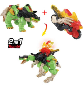 Grünes Dino-Spielzeug und rotes Motorrad werden zum Roboter-Dino, mit 2 in 1 Kombi-Text.