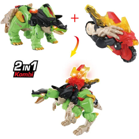 Grünes Dino-Spielzeug und rotes Motorrad werden zum Roboter-Dino, mit 2 in 1 Kombi-Text.