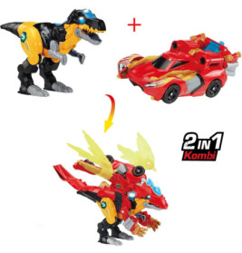 Spielzeug-Dinosaurier und rotes Auto ergeben zusammen einen Roboter-Dino. Schrift: 2 in 1 Kombi.