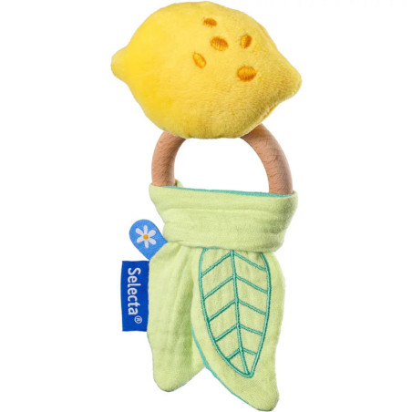 Plüschzitronen-Babyrassel mit grünen Blättern und Holzringgriff, Aufschrift Selecta.