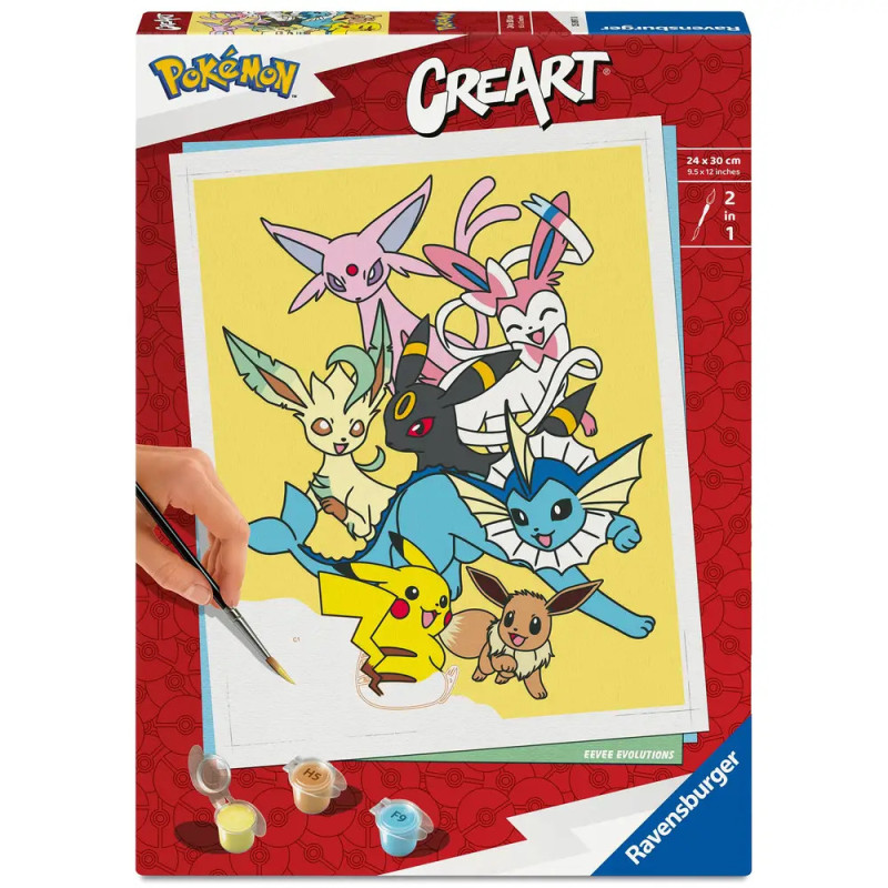 Eine Hand bemalt Pikachu und Evoli auf einem CreArt Ravensburger Malen-nach-Zahlen-Set.