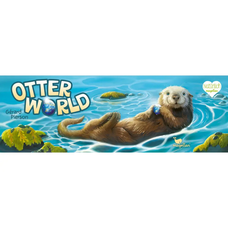 Ein lächelnder Otter treibt auf dem Rücken im Wasser, hält eine Erdkugel, darüber steht Otter World.