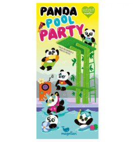 Cartoon-Pandas feiern eine Poolparty mit Bambusrutschen, Schwimmringen und bunten Dekorationen.