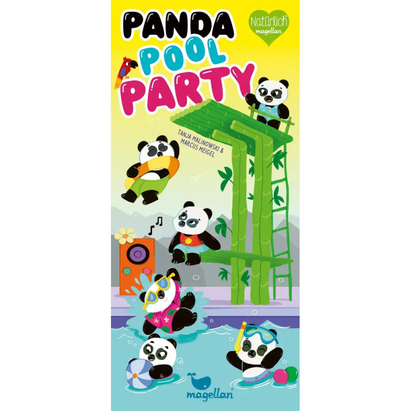 Cartoon-Pandas feiern eine Poolparty mit Bambusrutschen, Schwimmringen und bunten Dekorationen.