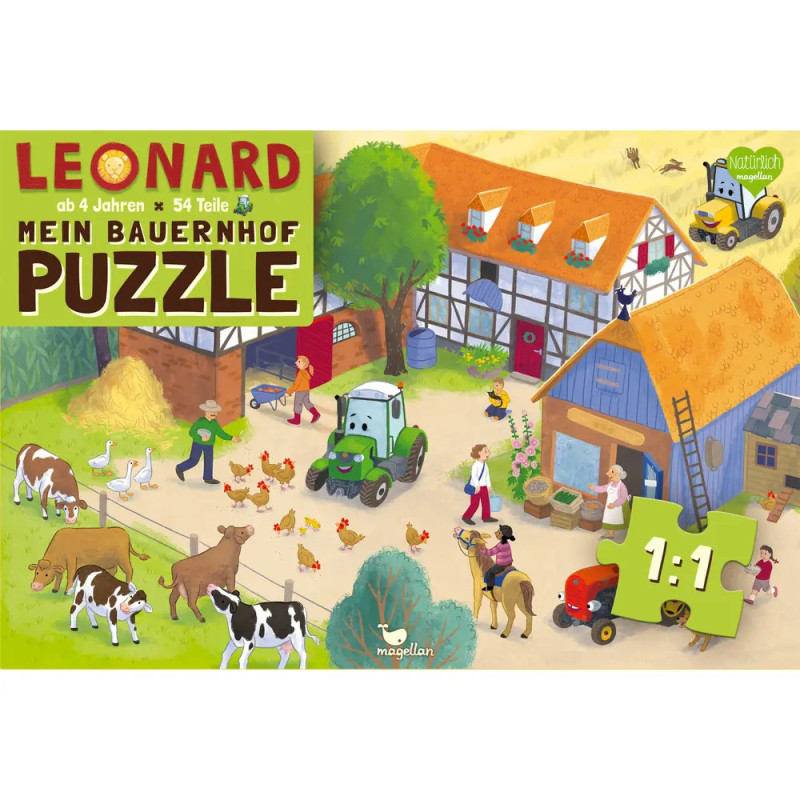 Kinder und Erwachsene auf einem lebhaften Bauernhof mit Tieren, Traktoren und Scheunen Verpackung auf Deutsch.