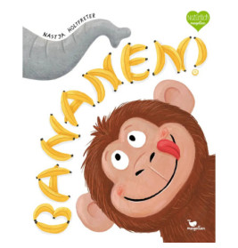 Illustration: Ein lächelnder Affe, Bananen formen BANANEN!, im Eck ist ein Elefantenrüssel zu sehen.