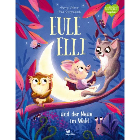 Drei Tiere sitzen nachts auf einem Ast im Wald, umgeben von bunten Blättern und einem Sichelmond.