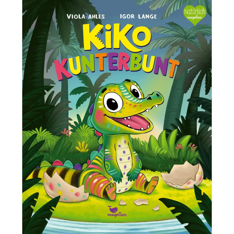 Buntes Krokodil schlüpft im Dschungel aus einem Ei und lächelt fröhlich auf einem Buchcover.