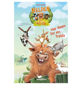 Fröhliche Cartoon-Tiere wie Kaninchen und eine Kuh zieren ein bunt illustriertes Buchcover.