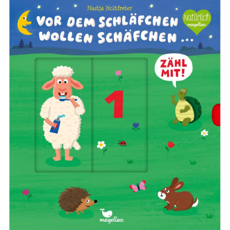 Buntes deutsches Buchcover mit lächelndem Schaf, Schildkröte, Igel, Hase, Blumen und der Zahl Eins.