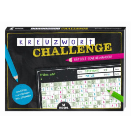 Box der Kreuzwort Challenge mit abgebildetem Kreuzworträtselraster und bunten Stiften auf dem Cover.