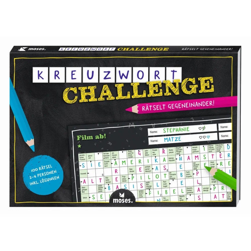 Box der Kreuzwort Challenge mit abgebildetem Kreuzworträtselraster und bunten Stiften auf dem Cover.
