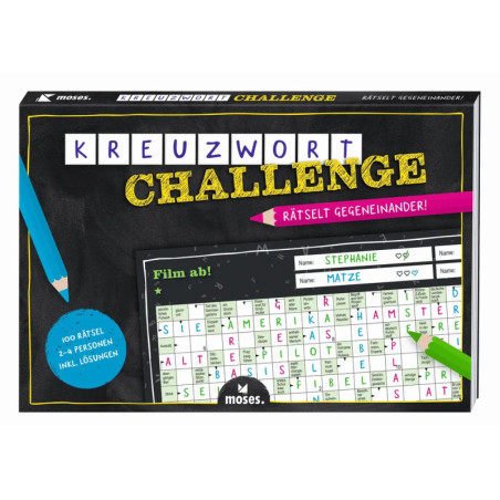 Box der Kreuzwort Challenge mit abgebildetem Kreuzworträtselraster und bunten Stiften auf dem Cover.
