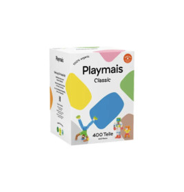 Box Playmais Classic, 400 Stück, bunte Formen und Spielfiguren auf weißem Hintergrund.