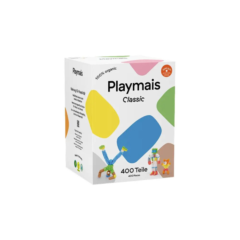 Box Playmais Classic, 400 Stück, bunte Formen und Spielfiguren auf weißem Hintergrund.