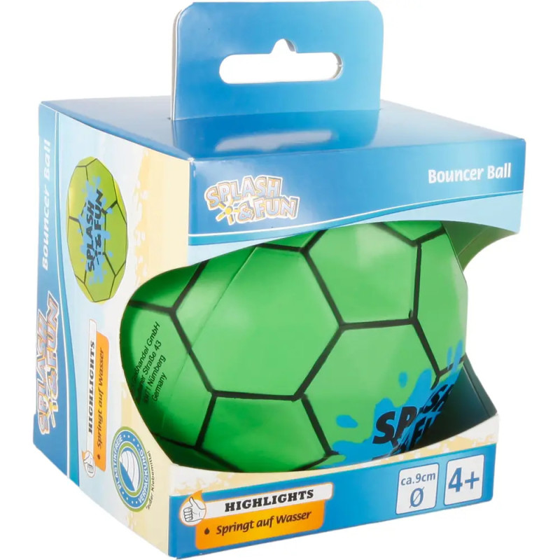Grüner Springball mit schwarzen Sechsecken in blauer Splash & Fun-Packung, ab 4 Jahren.