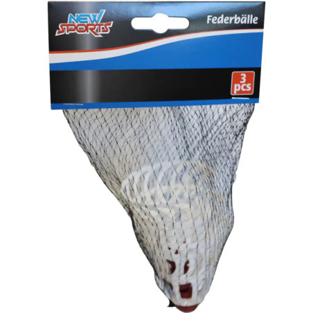 Drei weiße Federbälle im schwarzen Netzbeutel, Verpackung mit Aufschrift Federbälle, 3 Stück.