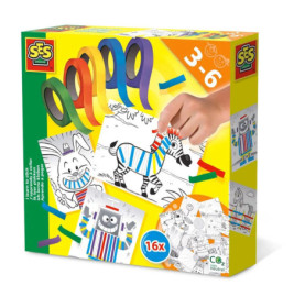 Bunte Bastelbox für Kinder von 3-6 Jahren mit Klebebändern, Tiermotiven und einer Hand am Zebra.