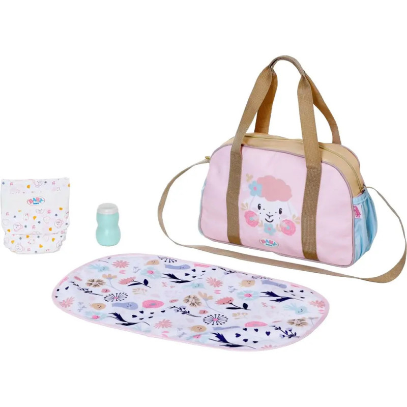 Rosa-beiges Windeltaschenset mit Flasche, Windel und gemusterter Wickelunterlage (Tiere, Blumen).