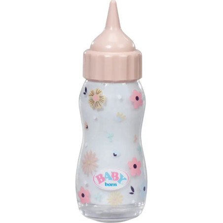 Klarglas-Babyflasche mit rosa Deckel, Blumenmuster und dem Schriftzug BABY born auf der Vorderseite.