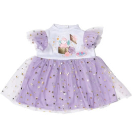 Babykleid mit lilafarbenem Tüllrock, goldenen Sternen und Cartoon-Print auf weißem Oberteil.