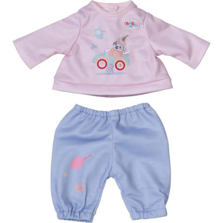 Babypuppen-Outfit mit rosa Langarmshirt mit Einhorn und blauer Hose mit Gummibund.