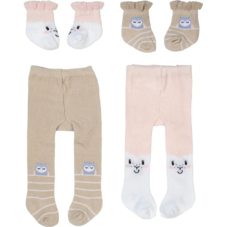 Je zwei Paar Babystrumpfhosen und Socken in Beige und Rosa mit Tiergesichtern auf den Zehen.