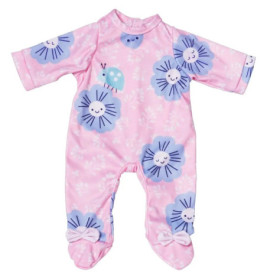 Rosa Baby-Strampler mit blauen lächelnden Blumendesigns und Schleifen an den Füßen.