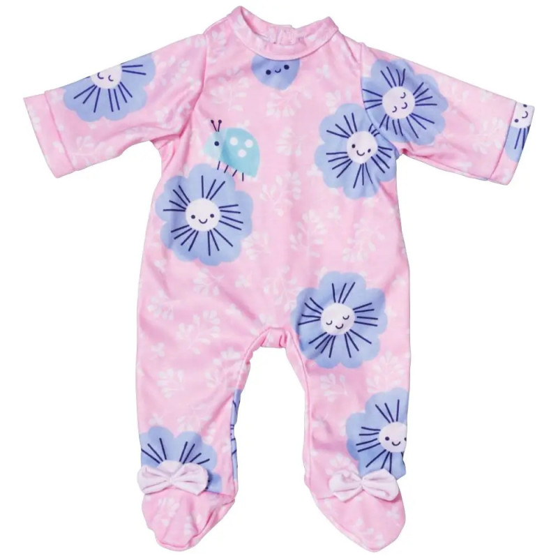 Rosa Baby-Strampler mit blauen lächelnden Blumendesigns und Schleifen an den Füßen.