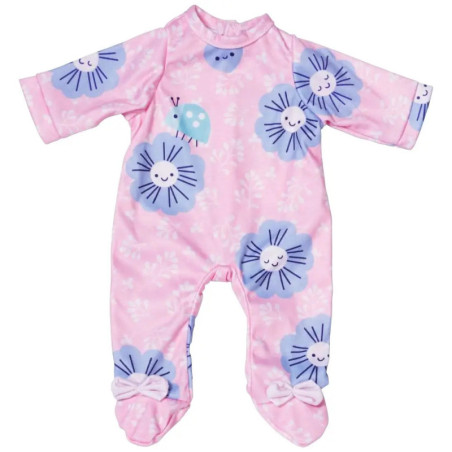 Rosa Baby-Strampler mit blauen lächelnden Blumendesigns und Schleifen an den Füßen.