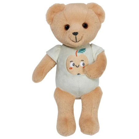 Plüsch-Teddybär mit weißem Shirt und Apfelgesicht-Motiv auf der Vorderseite. Plüsch-Teddybär mit weißem Shirt und Apfelgesicht-Motiv auf der Vorderseite.