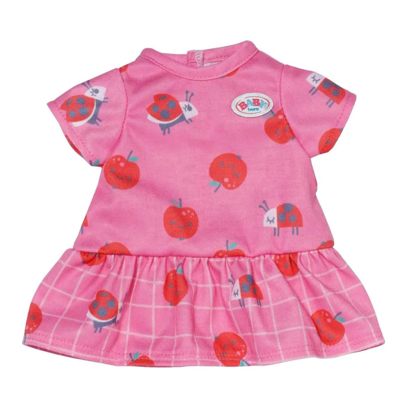 Puppen-Kleid in Rosa mit Marienkäfer- und Apfeldruck, Rüschenrock und kurzen Ärmeln. Puppen-Kleid in Rosa mit Marienkäfer- und Apfeldruck, Rüschenrock und kurzen Ärmeln.